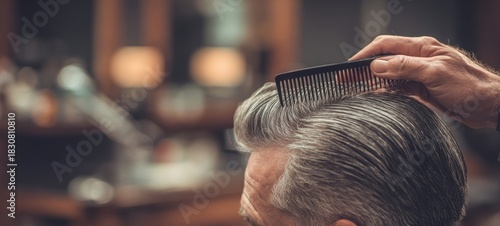 The Man's Grey Hair Being Combed At A Classic Barber Shop Chair