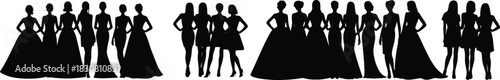 Bridesmaids elegant gown silhouettes celebrating friendship on wedding day. Vector illustration.