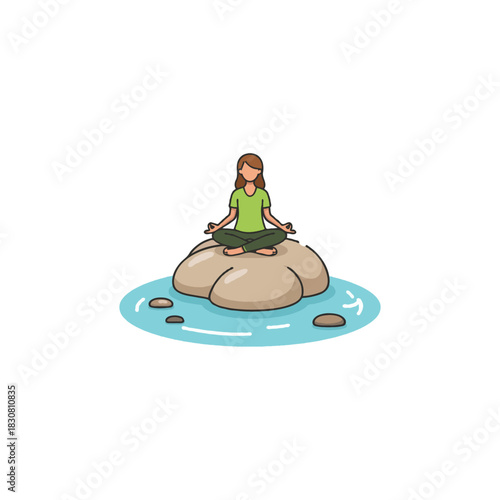 A peaceful scene with a woman meditating on a rock in water under a bright sky promoting well being