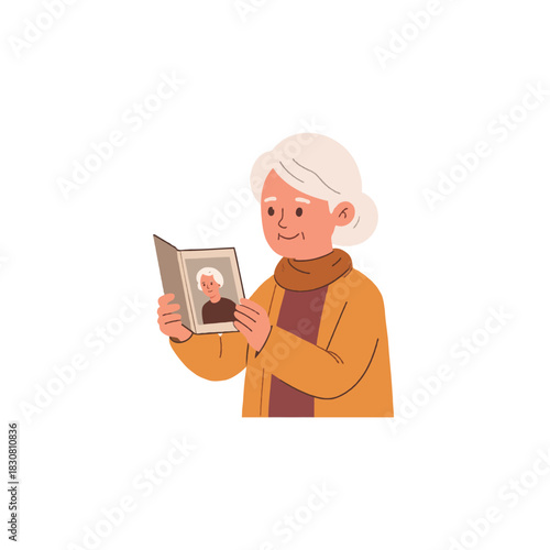 A serene illustration of an elderly woman fondly gazing at a cherished photograph with gentle