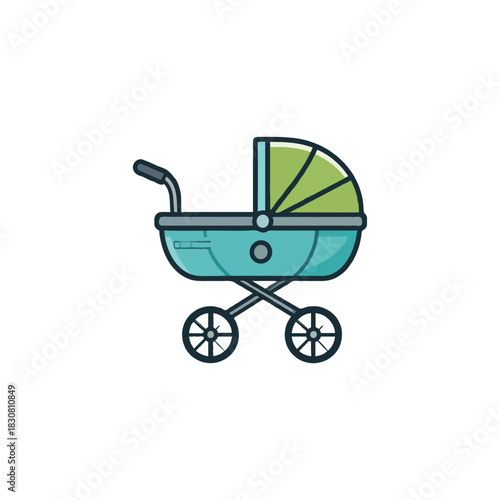 A minimalistic vector illustration of a baby carriage featuring green fabric and turquoise chassis