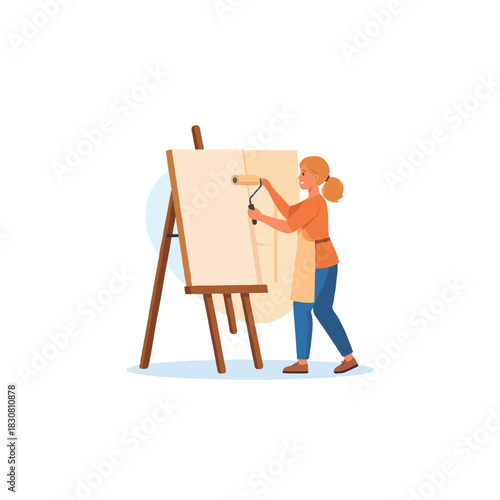 A young woman creatively engaging with painting on a blank canvas using roller artistically