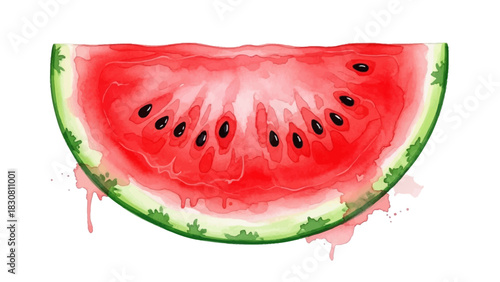 A vibrant watercolor illustration of a juicy slice of watermelon, with dripping red juice, perfect for summer themes