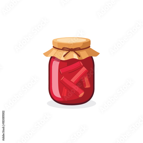 Artistic rendition of preserved rhubarb, showcasing homemade food inside glass jar with decorative