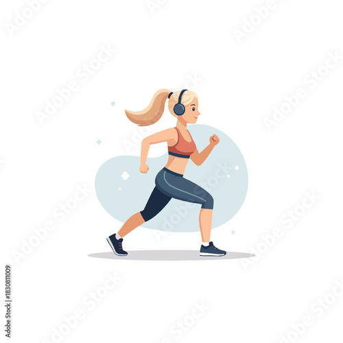 Blond haired woman runs with her ponytail and headphones enjoying a healthy lifestyle through