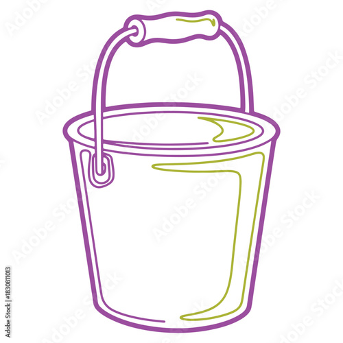 Stylized outline illustration of a bucket with purple and green accents isolated on a white background useful for design elements