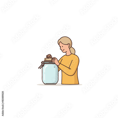 Blond woman carefully closes large glass jar with hinged lid for storage solutions at home