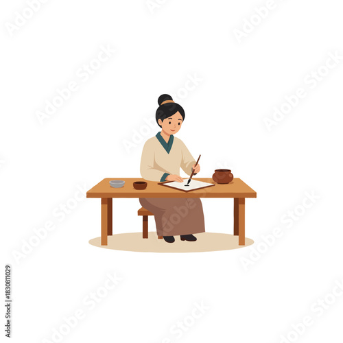 Asian calligraphy artist at work traditional ink painting and character writing ancient art