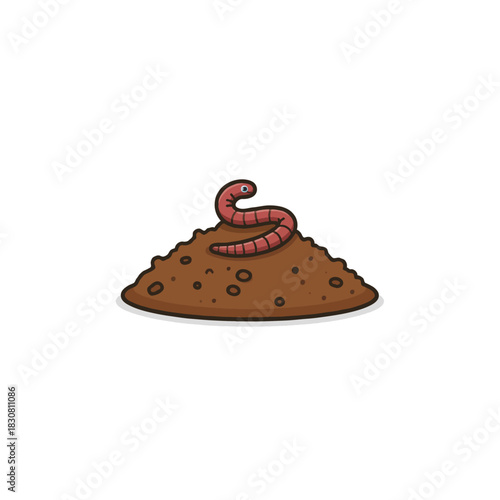 Cartoon earthworm atop a small pile of soil illustration exhibiting simple colors and clean lines