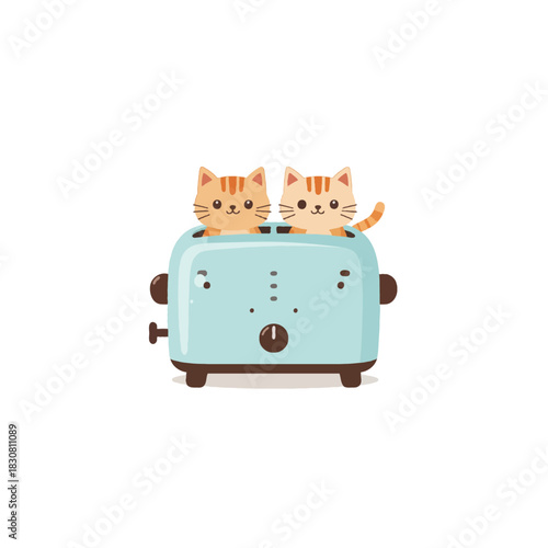 Cartoon cats popping out of a blue retro toaster illustration evokes playful domestic scenarios