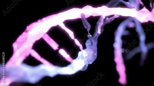 Glowing DNA strand in dark space, for science, medical, educational use