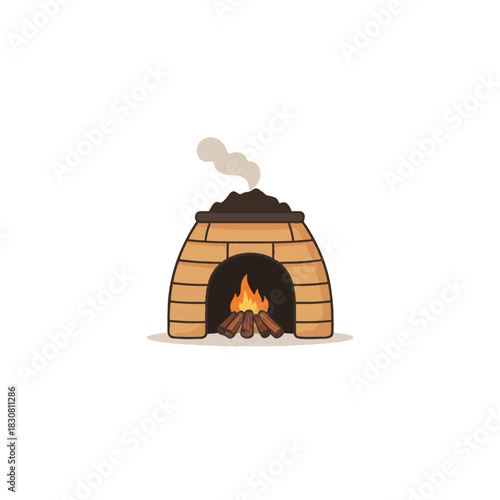 Cozy brick fireplace illustration featuring a warm fire, inviting comfort and relaxation,