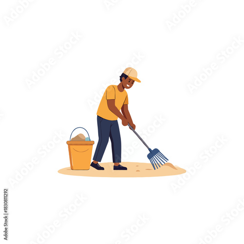 Dedicated individual tidying up the sandy beach with a rake and bucket for refuse collection
