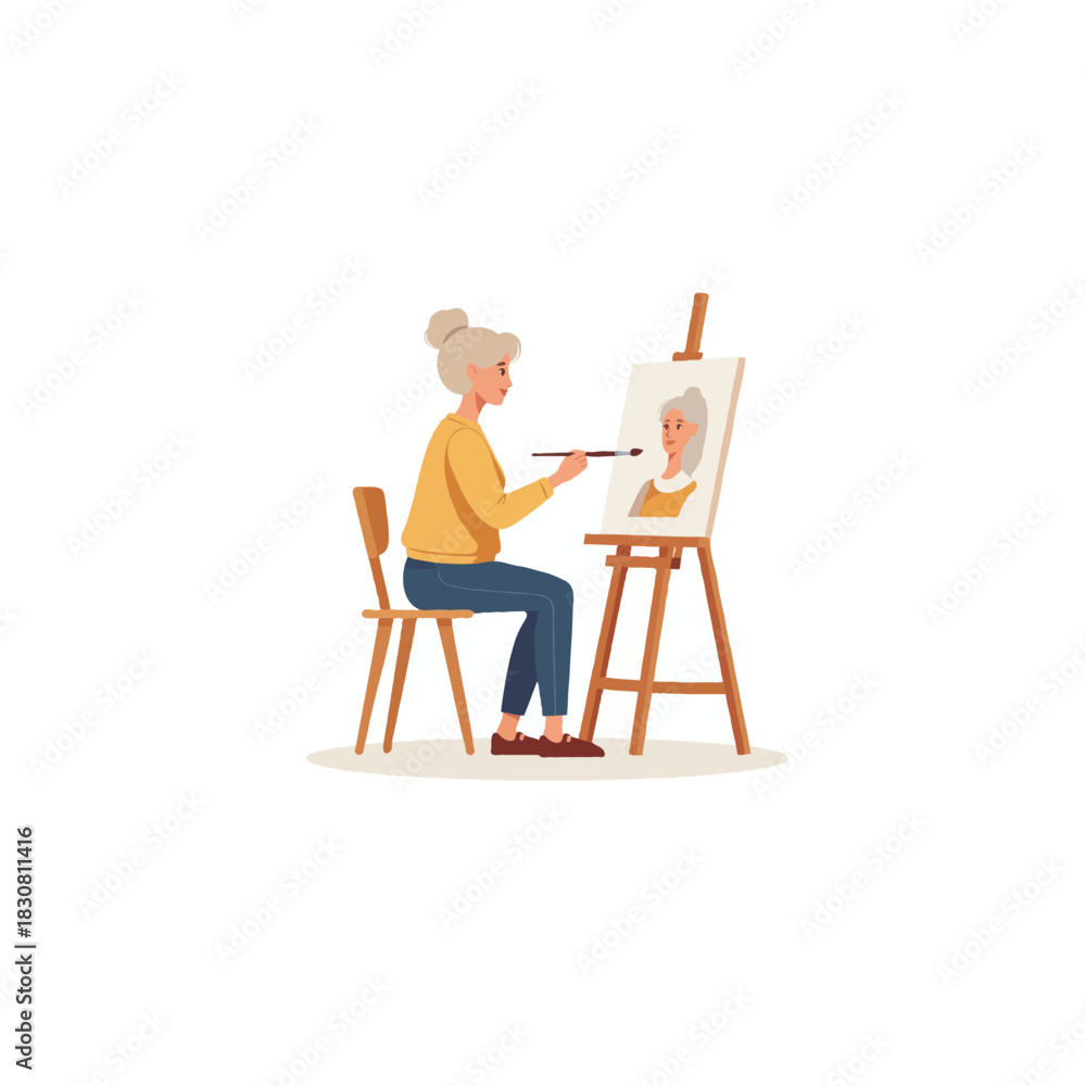Fototapeta premium Elderly woman passionately engaged in portrait painting activity in her tranquil art studio
