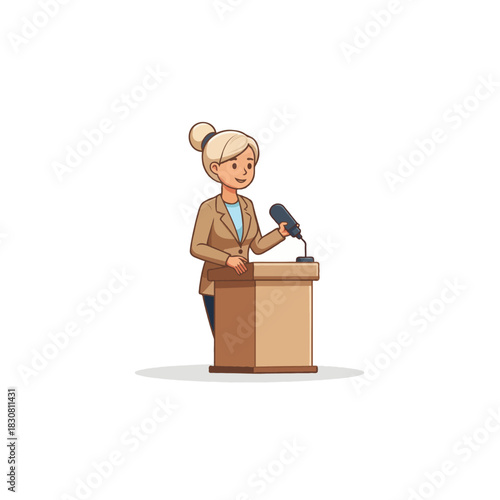 Elegant female speaker presenting at a podium delivering speech with microphone engaging audience
