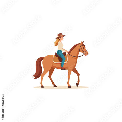 Elegant equestrian pursuit featuring a female rider and a spirited brown horse in a picturesque