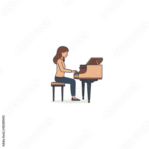 Elegant illustration featuring a woman gracefully playing the piano demonstrating artistic passion