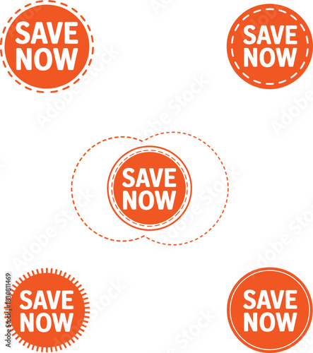Sale stickers vibrant orange promotional labels featuring �Save Now� messaging. Vector illustration.