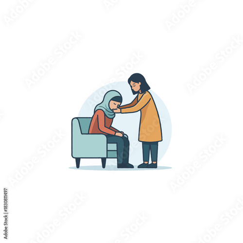 Empathy in minimalistic illustration showcasing a young woman comforting her friend through a