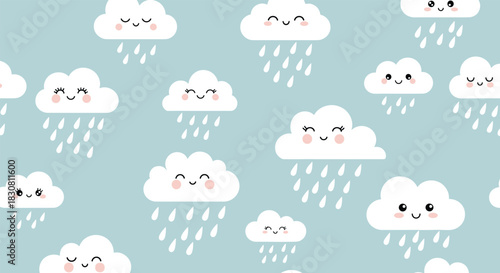 Seamless pattern of adorable white cartoon clouds with happy expressions raining on a pastel blue sky, ideal for nursery decor.