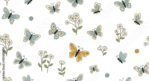 Whimsical seamless pattern of blue and yellow butterflies and simple flowers on white, perfect for textiles, children's designs, and spring themes.