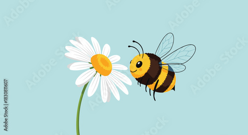 A cheerful cartoon bumblebee approaches a beautiful white daisy flower on a soft blue background, illustrating nature's charm.