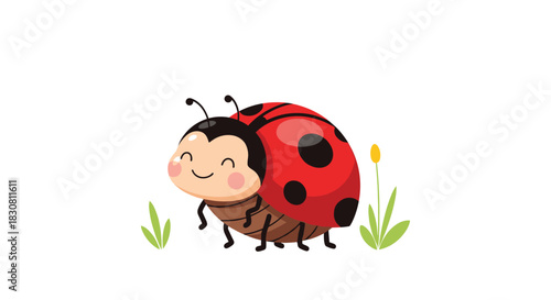 A cute, happy cartoon ladybug with a red shell and black spots smiles while standing on green grass next to a yellow flower.