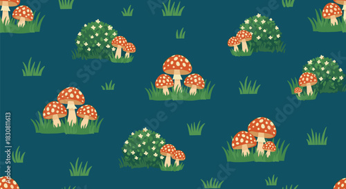 A whimsical seamless pattern of red and white spotted toadstools, green bushes with white flowers, and grass on a dark teal background.