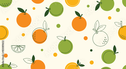 A vibrant seamless pattern featuring an assortment of stylized oranges and citrus fruits with decorative dots on a light background.