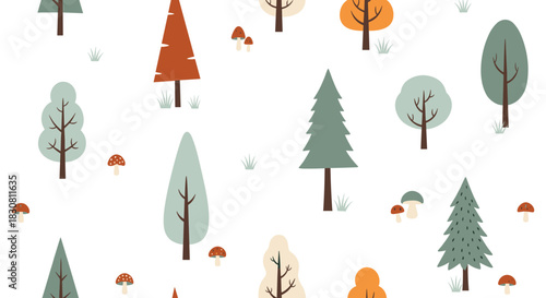 Whimsical forest pattern featuring an array of stylized trees and mushrooms scattered across a clean white background, perfect for nature-themed designs.