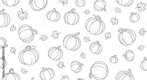 Seamless pattern with hand-drawn outline pumpkins and autumn leaves, perfect for fall season designs and coloring pages.