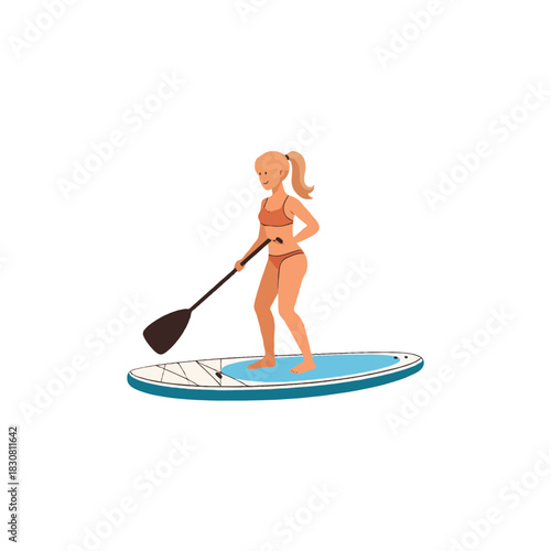 Female figure paddleboarding on a teal board showing active lifestyle engaging in leisure on flat