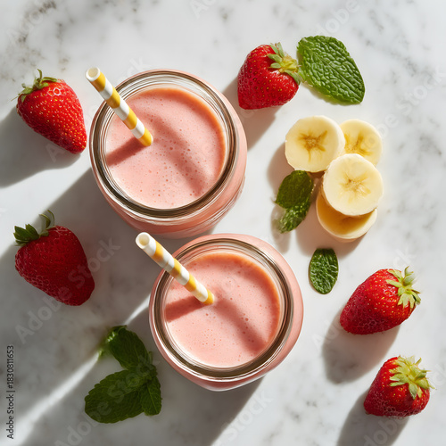 Strawberry Banana Smoothie in a Glass – Fresh, Creamy, Healthy Drink Photo