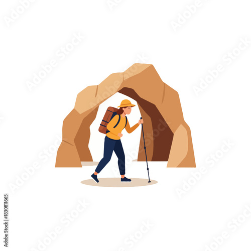 Female hiker exploring rocky cave with backpack on trail enjoying outdoor adventure and natural