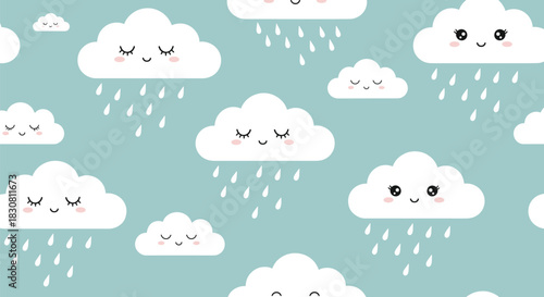 Adorable seamless pattern of whimsical cartoon clouds with happy and sleeping faces, raining on a serene light blue sky background.