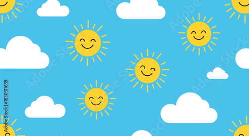 Bright and cheerful seamless pattern of cartoon happy suns and white fluffy clouds against a light blue sky, perfect for children's designs.