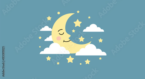 A peaceful sleeping crescent moon surrounded by twinkling stars and fluffy white clouds in a serene night sky, perfect for sweet dreams.