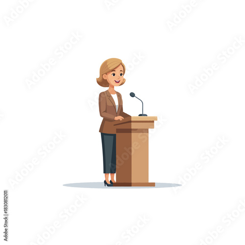 Illustration portraying a woman confidently addressing an audience from a podium with neutral