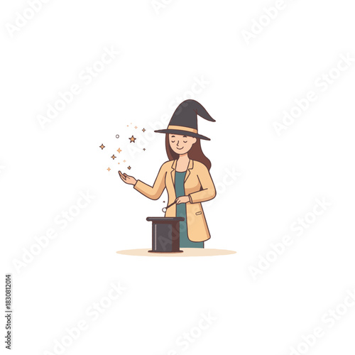 Illustration of woman performing magic tricks with hat and wand and floating stars, captivating show