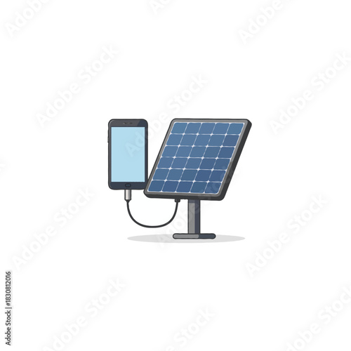 Illustrative depiction of a mobile phone being charged by a compact portable solar panel setup