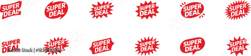 Deal burst badges dynamic red promotional labels guaranteeing savings. Vector illustration.
