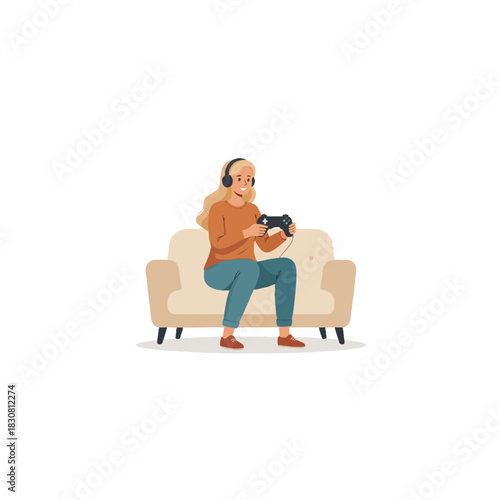 Relaxed woman enjoying video game session on sofa for leisure time entertainment at home with