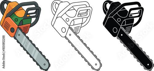 Chain Saw silhouette & Outline and illustration set isolated on transparent background