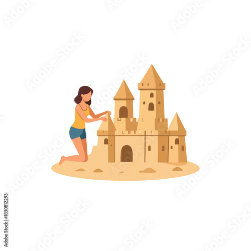 Seaside dreams girl building sandcastle fun creation summertime leisure sunny vacation artistic