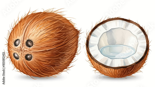 Detailed vector illustration of a whole and sliced coconut, showcasing the tropical fruit