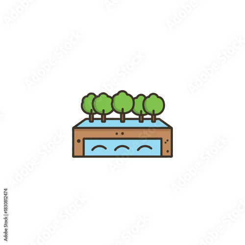 Stylized isometric arrangement depicting a small forest above an enclosed aquatic ecosystem under