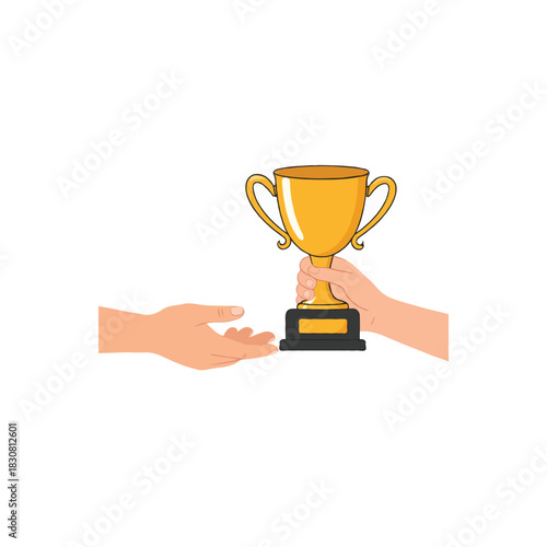 Triumph and recognition depicted by a golden trophy, held and received during an achievement