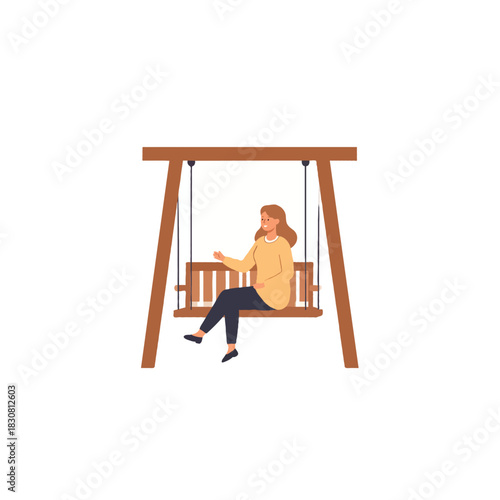 Tranquil scene of a woman enjoying a moment of relaxation on a wooden swing suspended in serenity