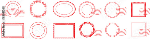 Postmarks unique vector rubber stamps and seals in red for invitations, stationery, and branding projects. Vector illustration.