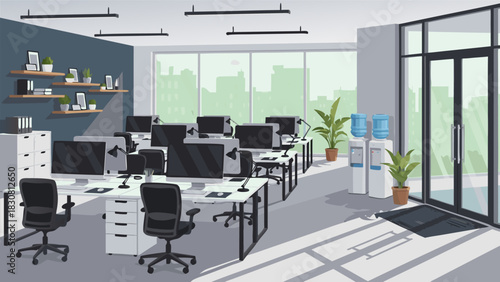 Sunlit modern business office interior with organized workstations and computers overlooking the city. Corporate coworking space vector illustration